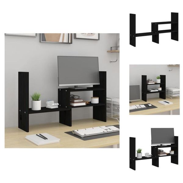 Vidaxl Supporto Per Monitor Nero (39-72)X17X43 Cm In Legno Di Pino Massiccio - Supporto Per Monitor Per Computer-image