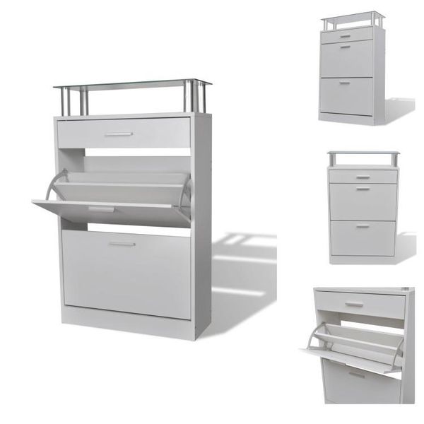 Vidaxl Scarpiera Con Cassetto E Ripiano Superiore In Vetro In Legno Bianco - Scarpiere E Armadietti-image