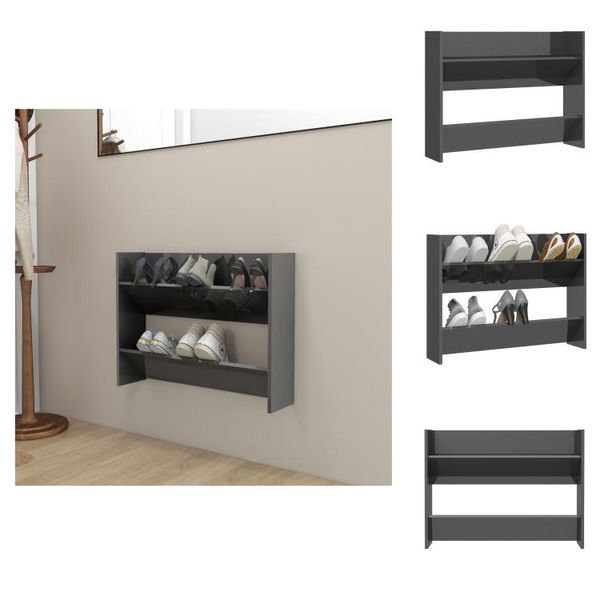 Vidaxl Scarpiera A Muro Grigio Lucido 80X18X60 Cm In Legno - Scarpiere E Armadietti-image