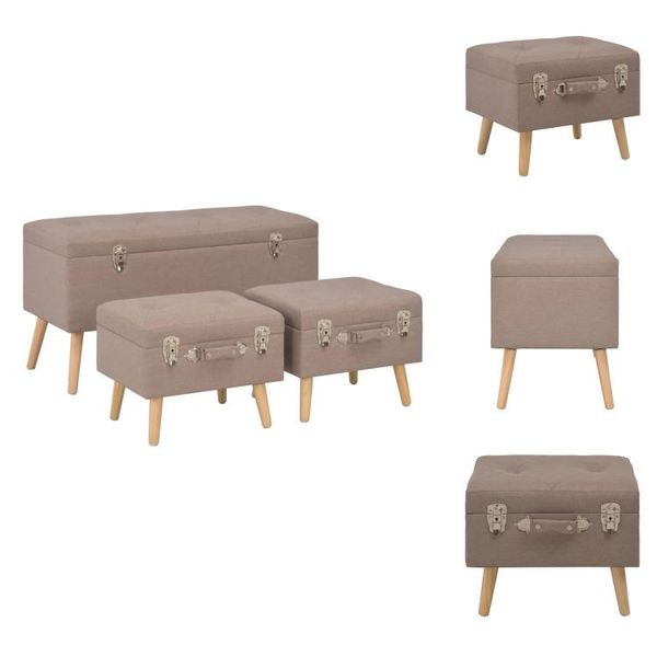 Vidaxl Sgabello Con Vano Portaoggetti 3 Pz. Tessuto Marrone - Cassapanca E Panche Da Ingresso-image