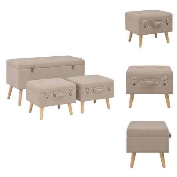 Vidaxl Sgabello Con Vano Portaoggetti 3 Pz. Tessuto Beige - Panche Per Il Corridoio-image