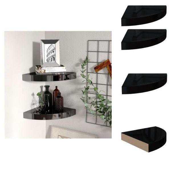 Vidaxl Mensole Galleggianti Ad Angolo 2 Pz. Mdf Nero Lucido 25X25X3,8 Cm - Mensole A Muro-image