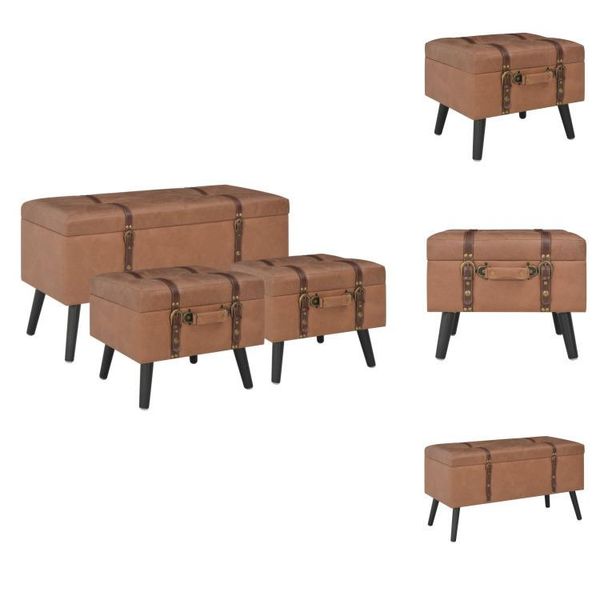 Vidaxl Sgabello Con Vano Portaoggetti 3 Pz. Pelle Finta Marrone - Panche Per Il Corridoio E Per La Sala-image