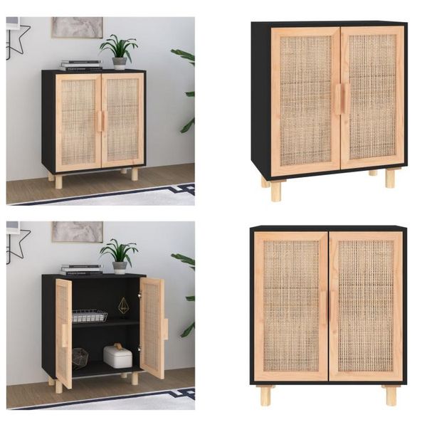 Vidaxl Credenza Nera 60X30X70Cm In Pino Massiccio E Rattan Naturale - Credenza - Credenza - Armadio - Armadio Portaoggetti-image