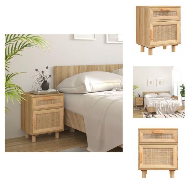 Vidaxl Comodino In Pino Massiccio Marrone E Rattan Naturale - Comodini-image