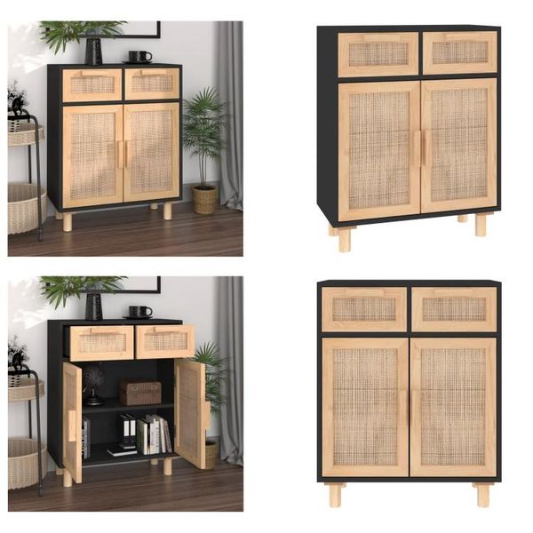 Vidaxl Credenza Nera 60X30X75Cm In Pino Massiccio E Rattan Naturale - Credenza - Madia - Armadio - Mobile Laterale-image