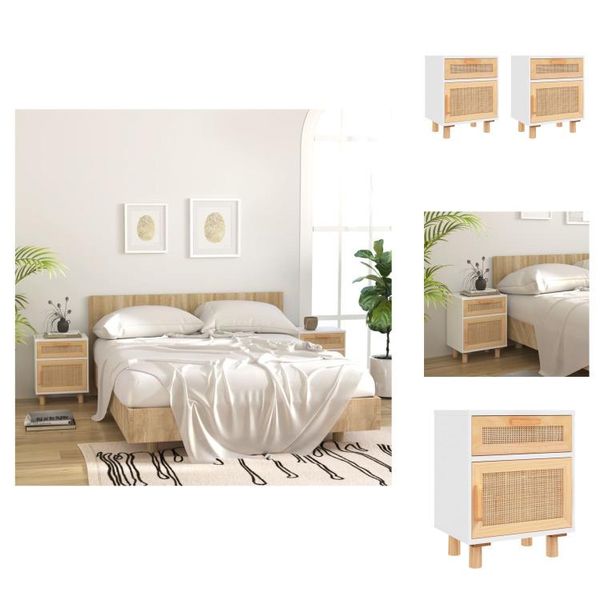 Vidaxl Comodini 2 Pezzi. Pino Massiccio Bianco E Rattan Naturale - Comodini-image