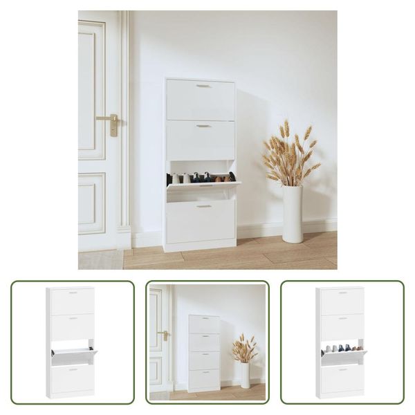 The Living Store Scarpiera Bianca Lucida 59X17X150 Cm Materiale A Base Di Legno-image