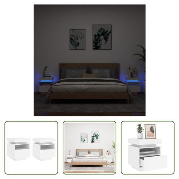 The Living Store Comodini Con Luci Led 2 Pz. Bianco 40X39X48,5 Cm-image