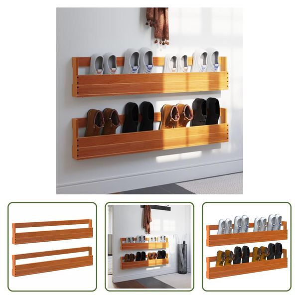 The Living Store Scarpiere A Muro 2 Pz. Marrone Cera 110X8,5X23,5 Cm In Legno Massiccio-image