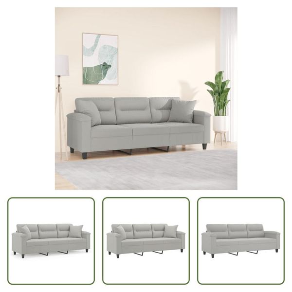 The Living Store Divano 3 Posti Con Cuscini Grigio Chiaro 180 Cm In Tessuto Microfibra-image