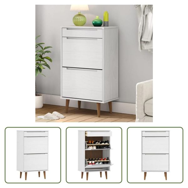 The Living Store Scarpiera Molde Bianco 59,5X35X103 Cm In Legno Di Pino Massiccio-image