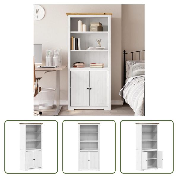 The Living Store Libreria Bodo Bianco E Marrone 82X40X173 Cm In Legno Di Pino Massiccio-image