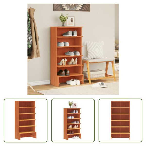 The Living Store Portascarpe Marrone Cera 52X30X104 Cm In Legno Di Pino Massiccio-image