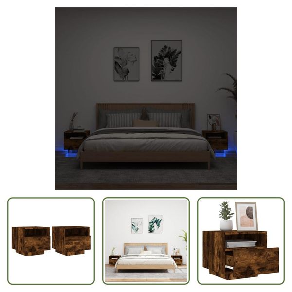 The Living Store Comodini Con Luci Led 2 Pz. Rovere Fumé 40X39X37 Cm-image