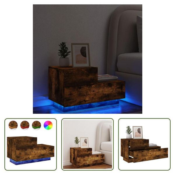 The Living Store Comodino Con Luci Led Rovere Fumé 70X36X40,5 Cm-image