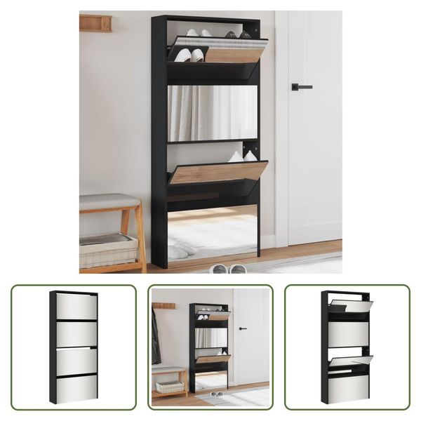 The Living Store Scarpiera Con Specchio 4 Scomparti Nero 63X17X134 Cm-image