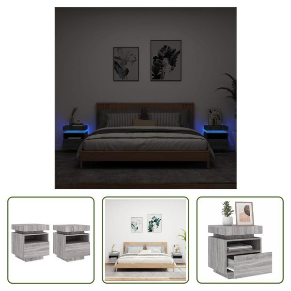 The Living Store Comodini Con Luci Led 2 Pz. Grigio Sonoma 40X39X48,5 Cm-image