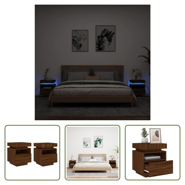 The Living Store Comodini Con Luci Led 2 Pz. Rovere Marrone 40X39X48,5 Cm-image