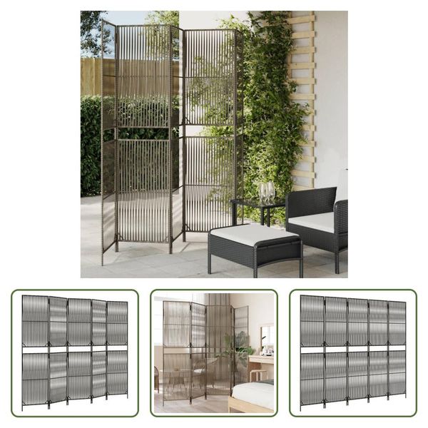 The Living Store Paravent 5-Tlg. Grau Poly Rattan-image