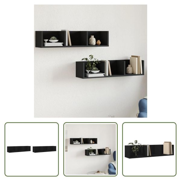 The Living Store Armadi A Muro 2 Pz. Nero 75X18X16,5 Cm Materiale Legno-image