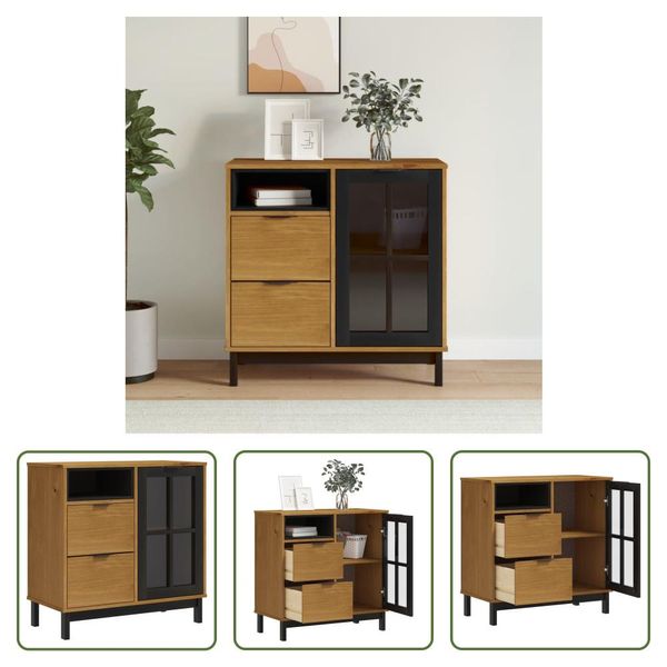 The Living Store Credenza Con Anta In Vetro Flam 80X40X80 Cm In Legno Di Pino Massiccio-image