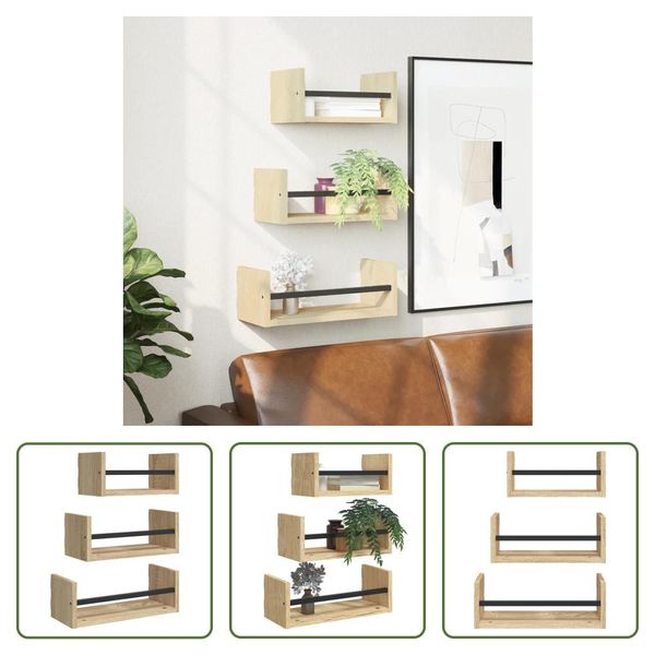 The Living Store Set Di Scaffali Da Parete In 3 Pezzi Con Aste Materiale In Legno Rovere Sonoma-image
