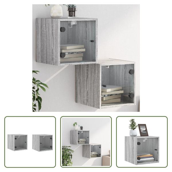 The Living Store Comodini Con Ante In Vetro 2 Pz. Grigio Sonoma 35X37X35 Cm-image