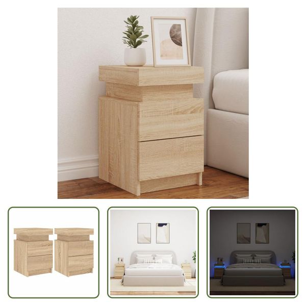 The Living Store Comodini Con Luci Led 2 Pz. Rovere Sonoma 35X39X55 Cm-image
