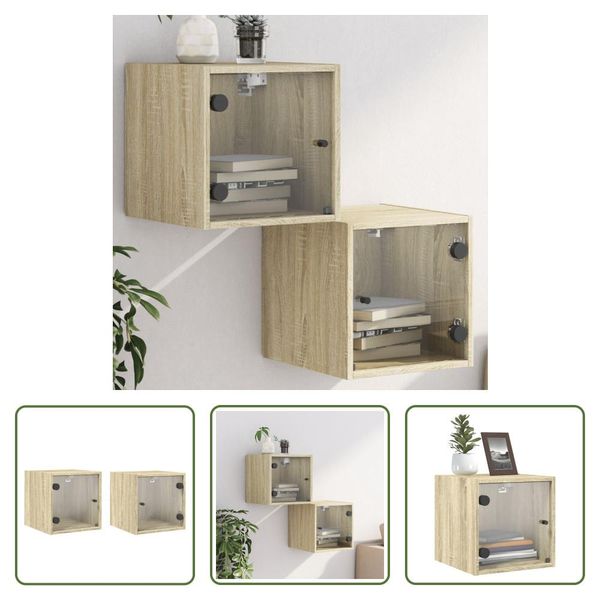 The Living Store Comodini Con Ante In Vetro 2 Pz. Rovere Sonoma 35X37X35 Cm-image