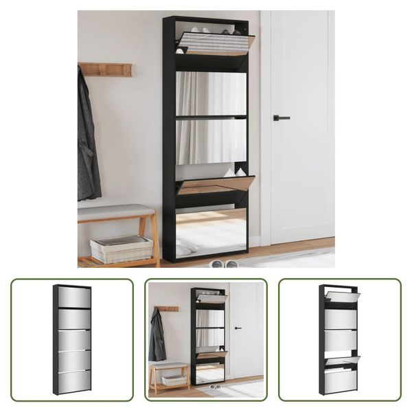 The Living Store Scarpiera Con Specchio 5 Scomparti Nero 63X17X169,5 Cm-image