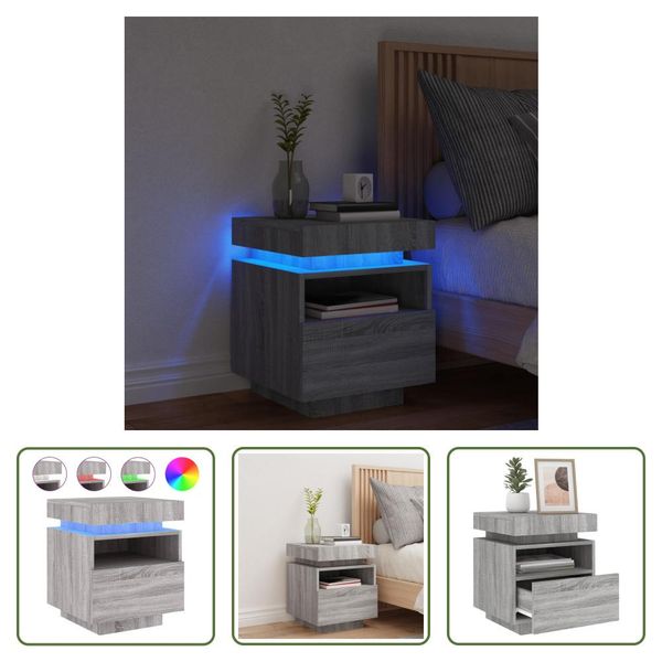 The Living Store Comodino Con Luci Led Grigio Sonoma 40X39X48,5 Cm-image