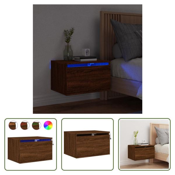 The Living Store Comodino A Parete Con Luci Led Effetto Rovere Marrone-image
