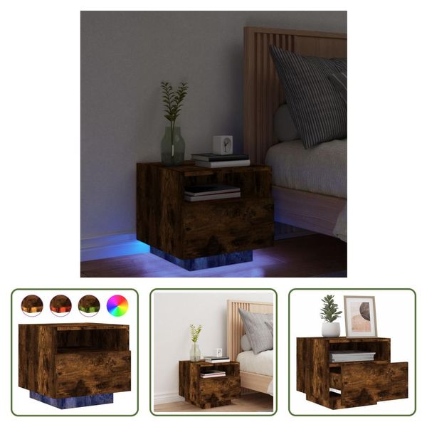 The Living Store Comodino Con Luci Led Rovere Fumé 40X39X37 Cm-image
