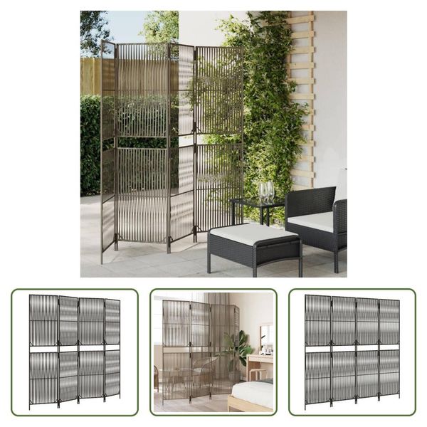 The Living Store Paravent 4-Tlg. Grau Poly Rattan-image