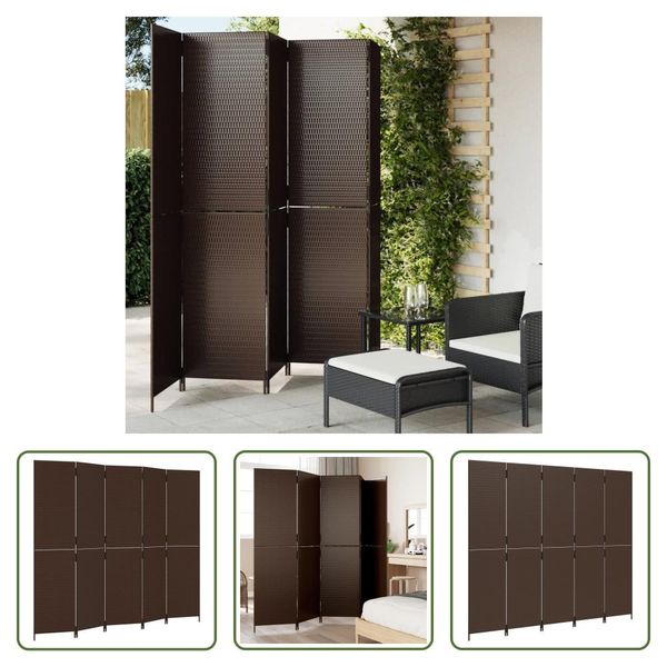 The Living Store Paravent 5-Tlg. Braun Poly Rattan-image