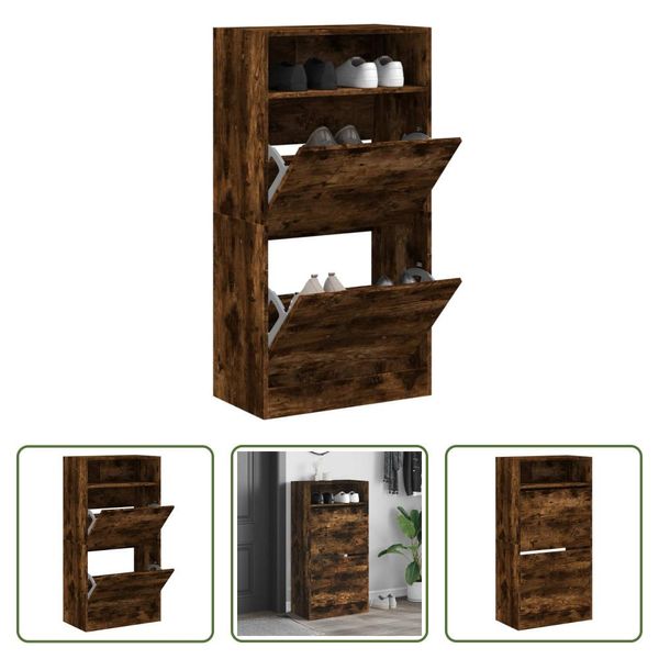 The Living Store Scarpiera In Rovere Fumé 60X34X116 Cm Materiale Legno-image