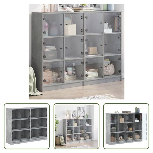 The Living Store Libreria Con Ante Grigio Cemento 136X37X109 Cm Materiale Legno-image
