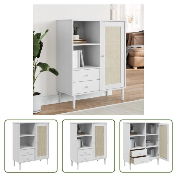 The Living Store Credenza Senja In Rattan Bianco 90X40X112 Cm In Legno Di Pino-image
