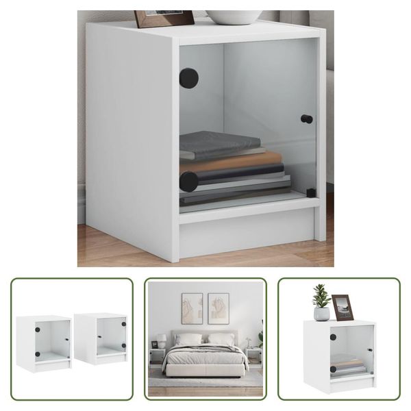 The Living Store Comodini Con Ante In Vetro 2 Pz. Bianco 35X37X42 Cm-image