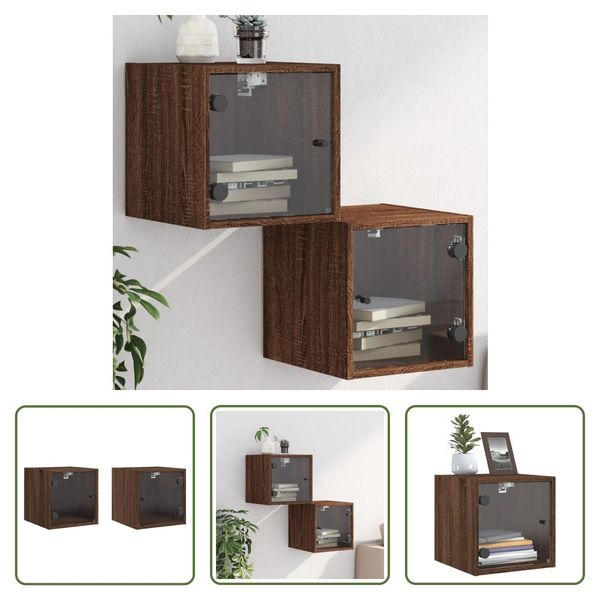 The Living Store Comodini Con Ante In Vetro 2 Pz. Aspetto Rovere Marrone 35X37X35 Cm-image