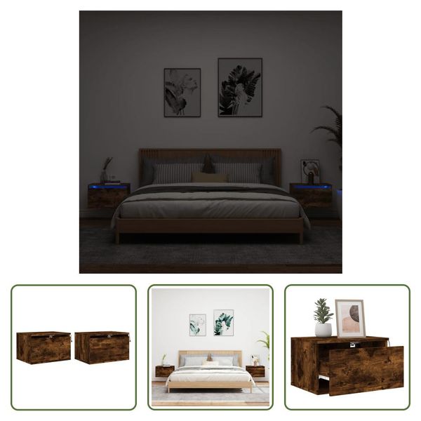 The Living Store Comodini A Parete Con Luci Led 2 Pz. Rovere Fumé-image