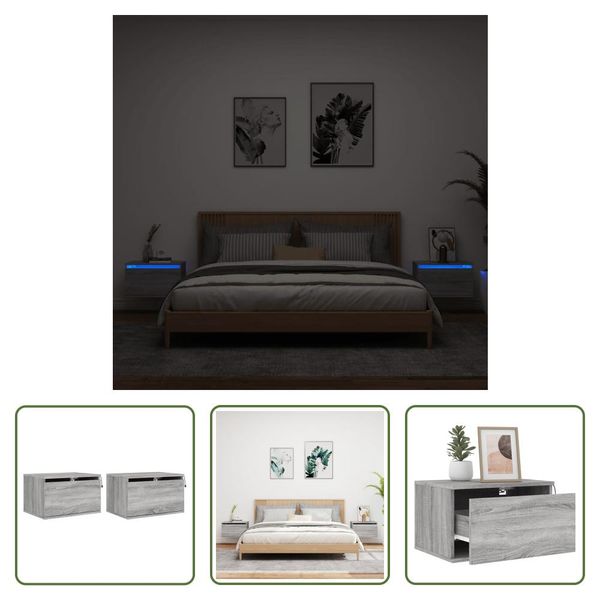 The Living Store Comodini A Parete Con Luci Led 2 Pz. Grigio Sonoma-image