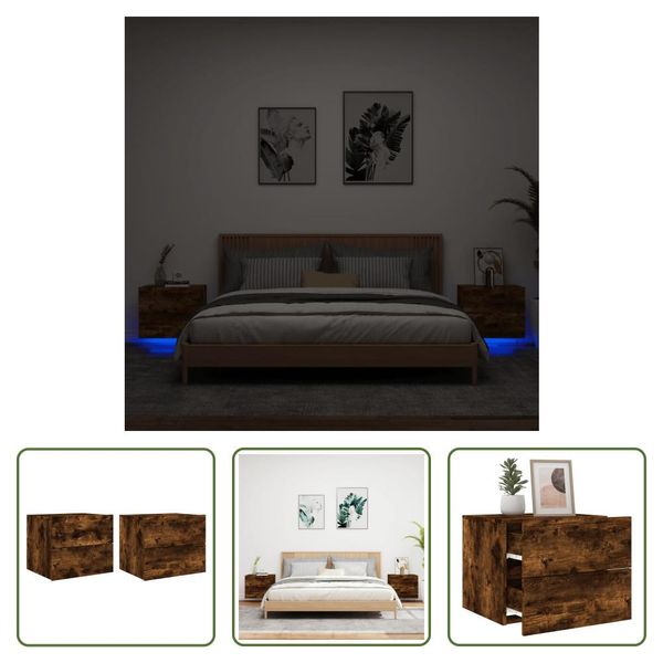 The Living Store Comodini A Parete Con Luci Led 2 Pz. Rovere Fumé-image