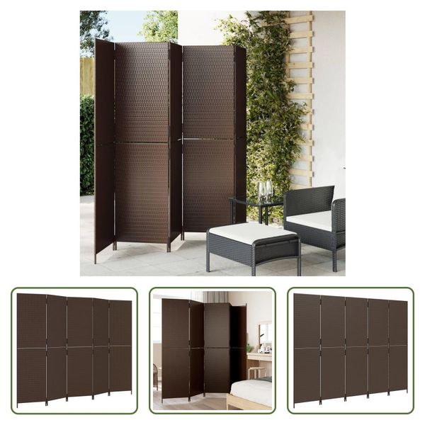 The Living Store Paravent 5-Tlg. Braun Poly Rattan-image