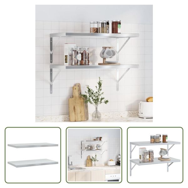 The Living Store Mensole A Muro 2 Pz. 75X40X3 Cm Acciaio Inox Argento-image