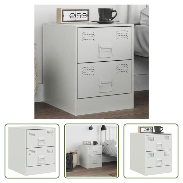 The Living Store Comodino Bianco 34,5X39X44 Cm In Acciaio-image