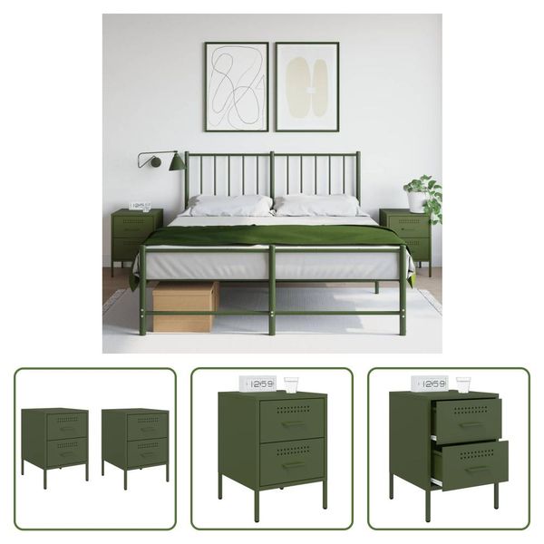 The Living Store Comodini 2 Pz. Verde Oliva 36X39X50,5 Cm In Acciaio-image