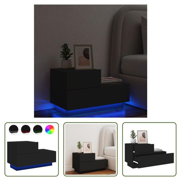 The Living Store Comodino Con Luci Led Nero 70X36X40,5 Cm-image