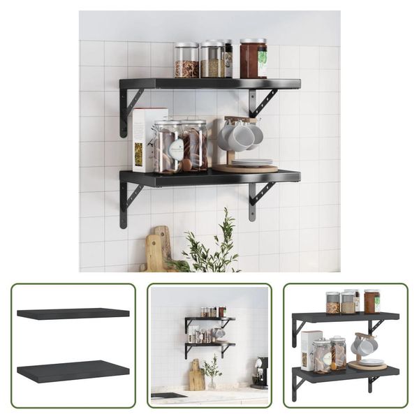 The Living Store Mensole A Muro 2 Pz. 50X30X3 Cm Nero Acciaio Inox-image